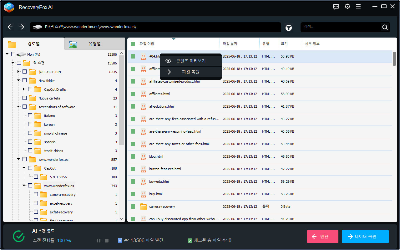 미리보기 및 복구