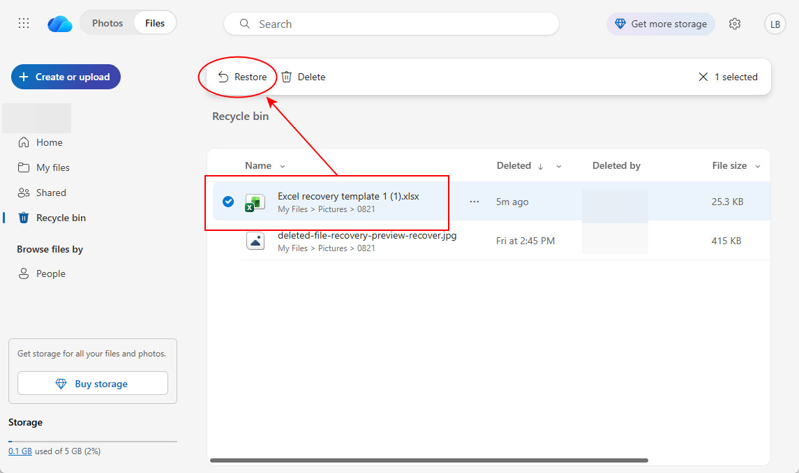 OneDrive에서 삭제된 Excel 파일 복원