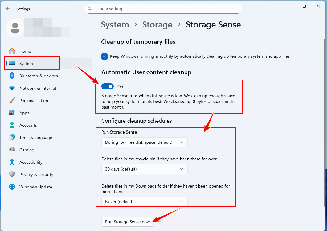 Storage Sense로 휴지통 비우기