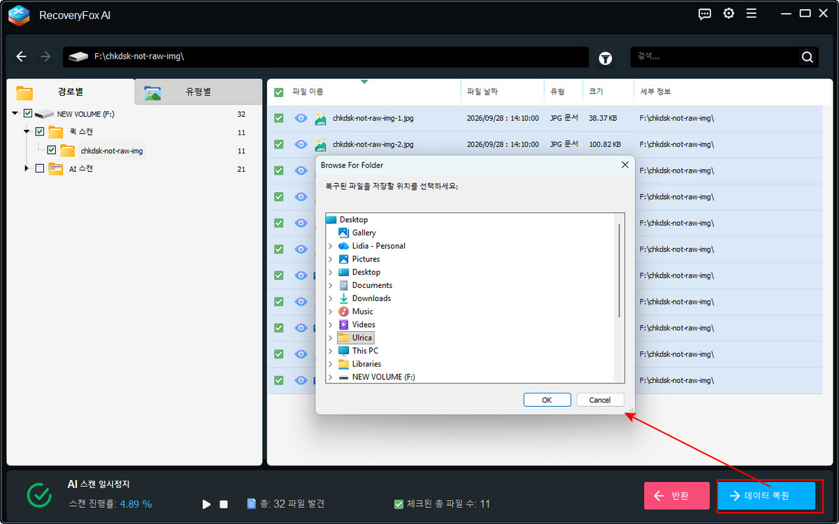 복구된 파일을 저장할 다른 위치 선택