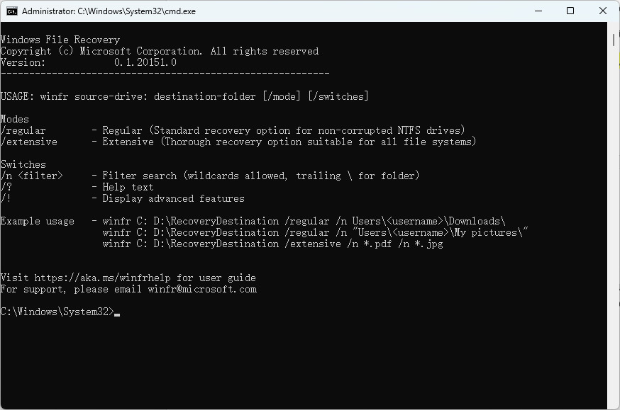 Windows File Recovery 명령 창