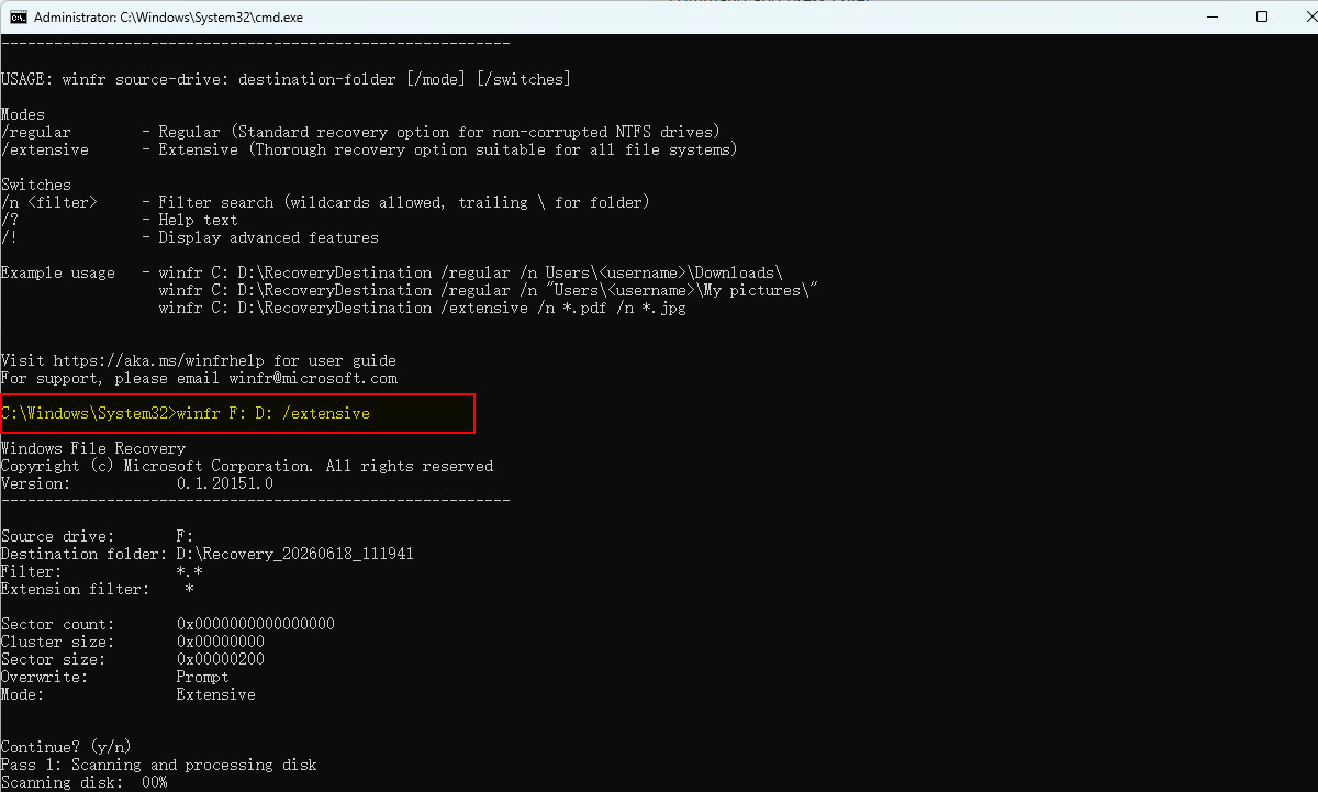 Windows File Recovery로 USB에서 파일 복구 시작