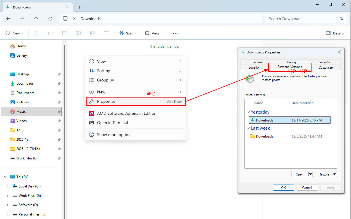 이전 버전 열기