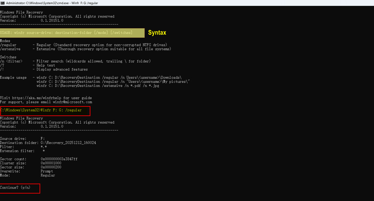 모든 손실된 파일을 복구하기 위한 명령어 입력 화면